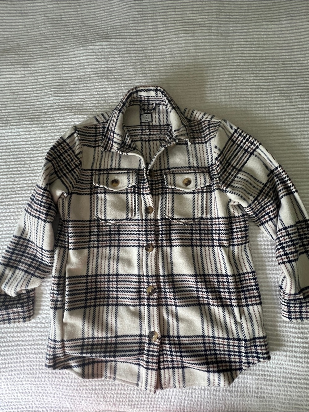 Denver Hayes Cream Plaid Shacket with Navy and Brown Accents pockets Size S/P